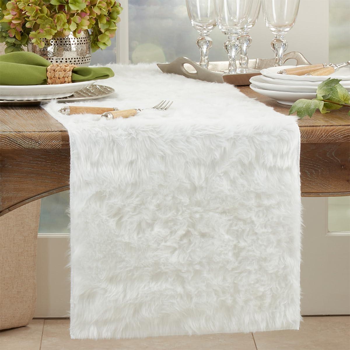Saro Lifestyle Faux Fur Design Table Runner, 15"x54", White