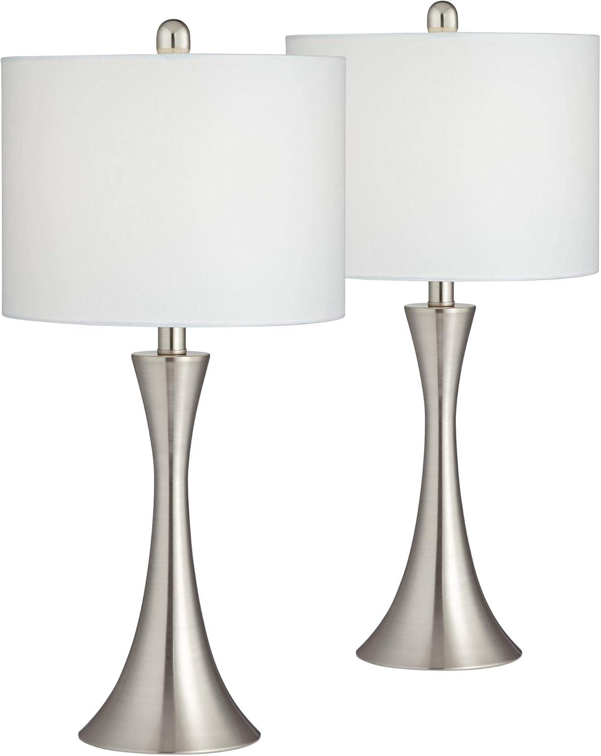 360 Lighting Gerson Modern Table Lamps 24" High Set of 2 Brushed Nickel with Dimmers LED White Drum Shade for Bedroom Living Room Bedside Nightstand