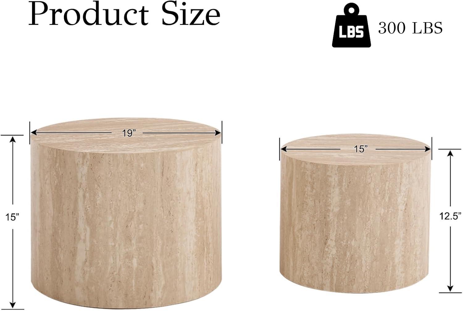 Latitude Run® Set of 2 Modern Round Wood Nesting Coffee Table Circle Travertine End Side Table Sets