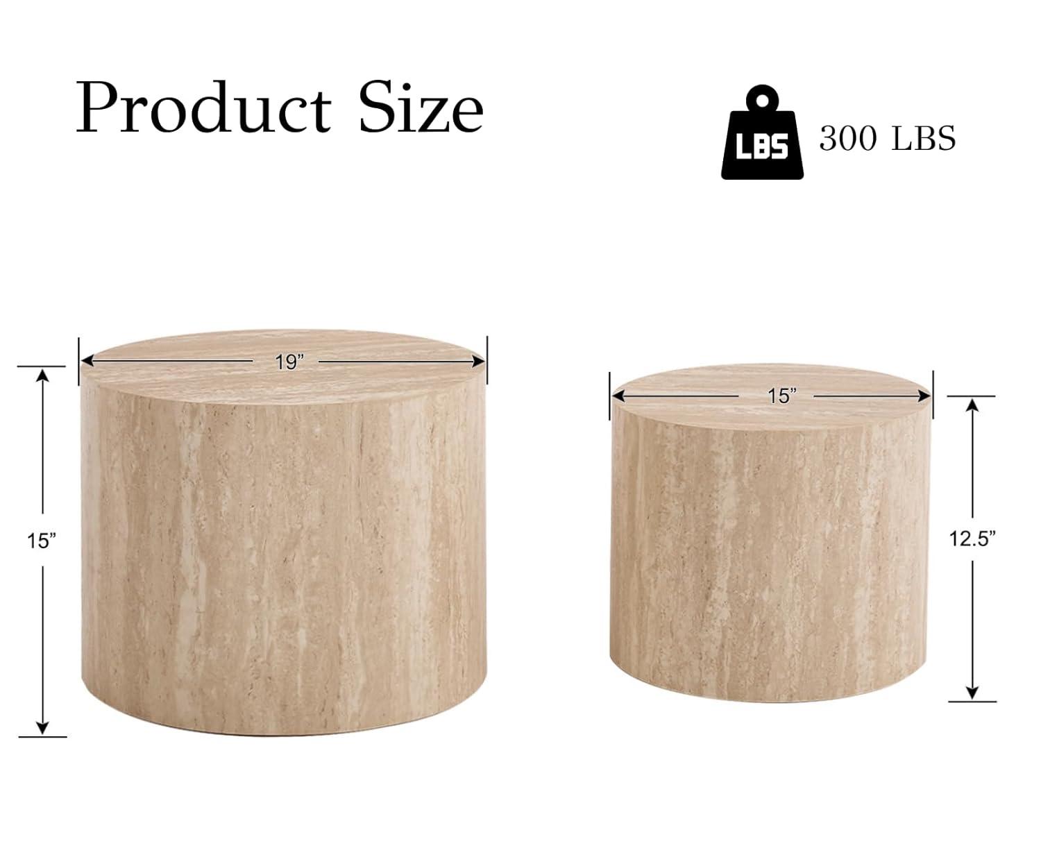 Latitude Run® Set of 2 Modern Round Wood Nesting Coffee Table Circle Travertine End Side Table Sets