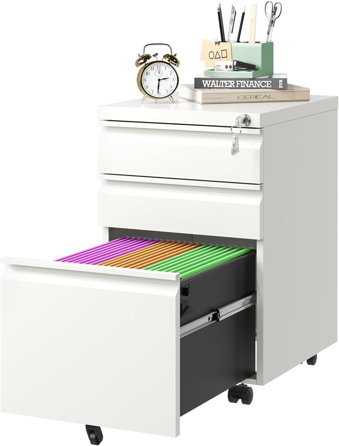 SYNGAR 3 Drawer File Cabinet with Lock, Mobile Printer Stand with 5 Wheels, Under Desk Metal Filing Cabinet fits A4 File/Letter/Legal for Home Office, Fully Assembled, White, D8952