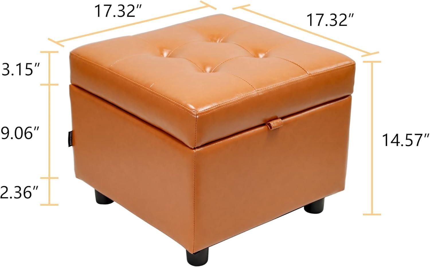 Classic Tufted Tan Leather Round Storage Ottoman with Black Legs