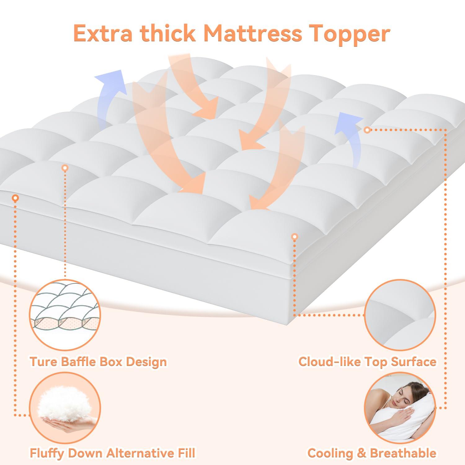 Queen Mattress Topper for Back Pain Relief, Extra Thick Pillow Top Plush Mattress Pad with Deep Pocket, Soft Pillowtop Queen Size Bed Toppers Filled Fluffy Down Alternative, White