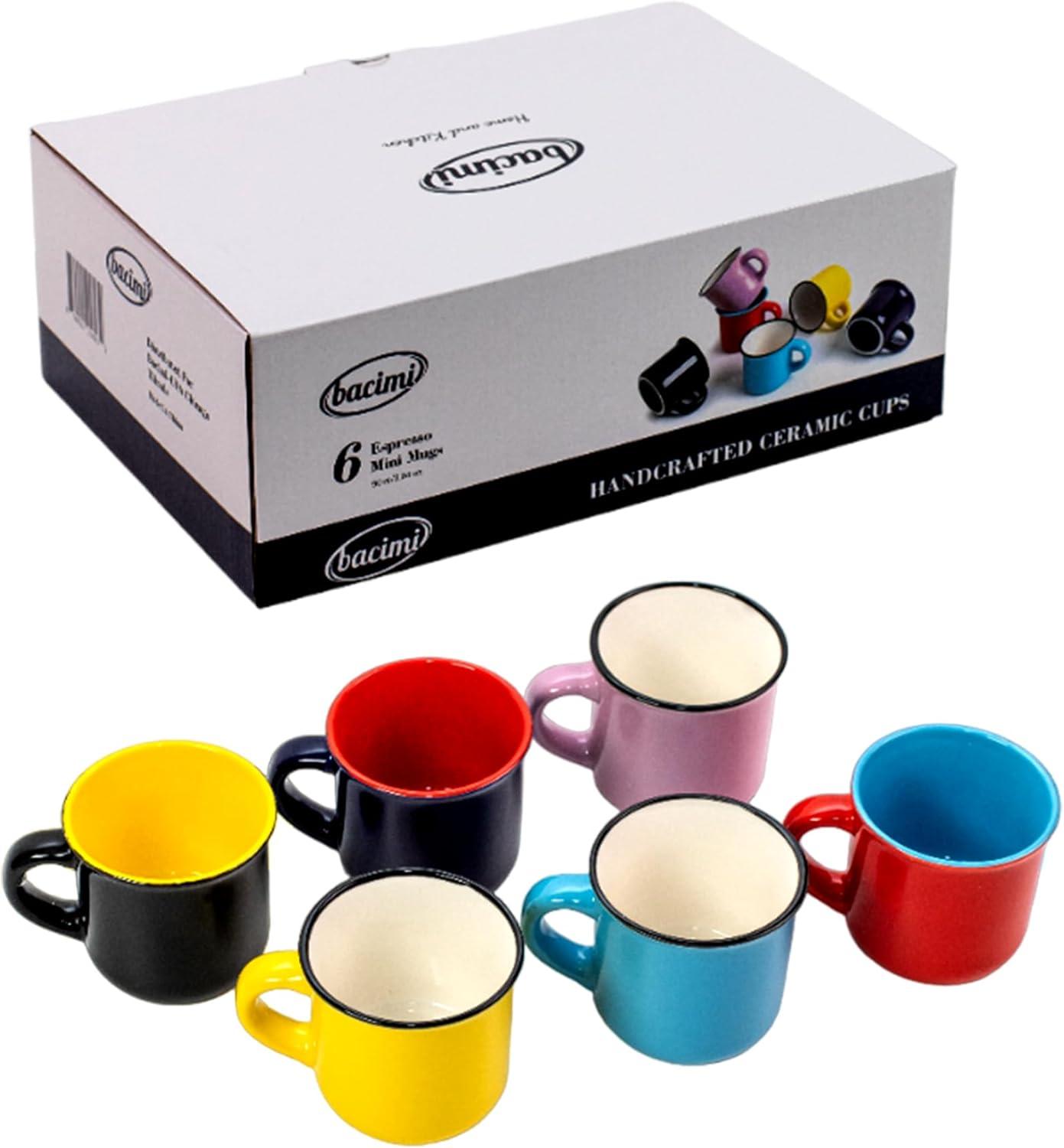 Bacimi Multicolor Ceramic Espresso Mini Mugs with Handles, 3oz, Set of 6