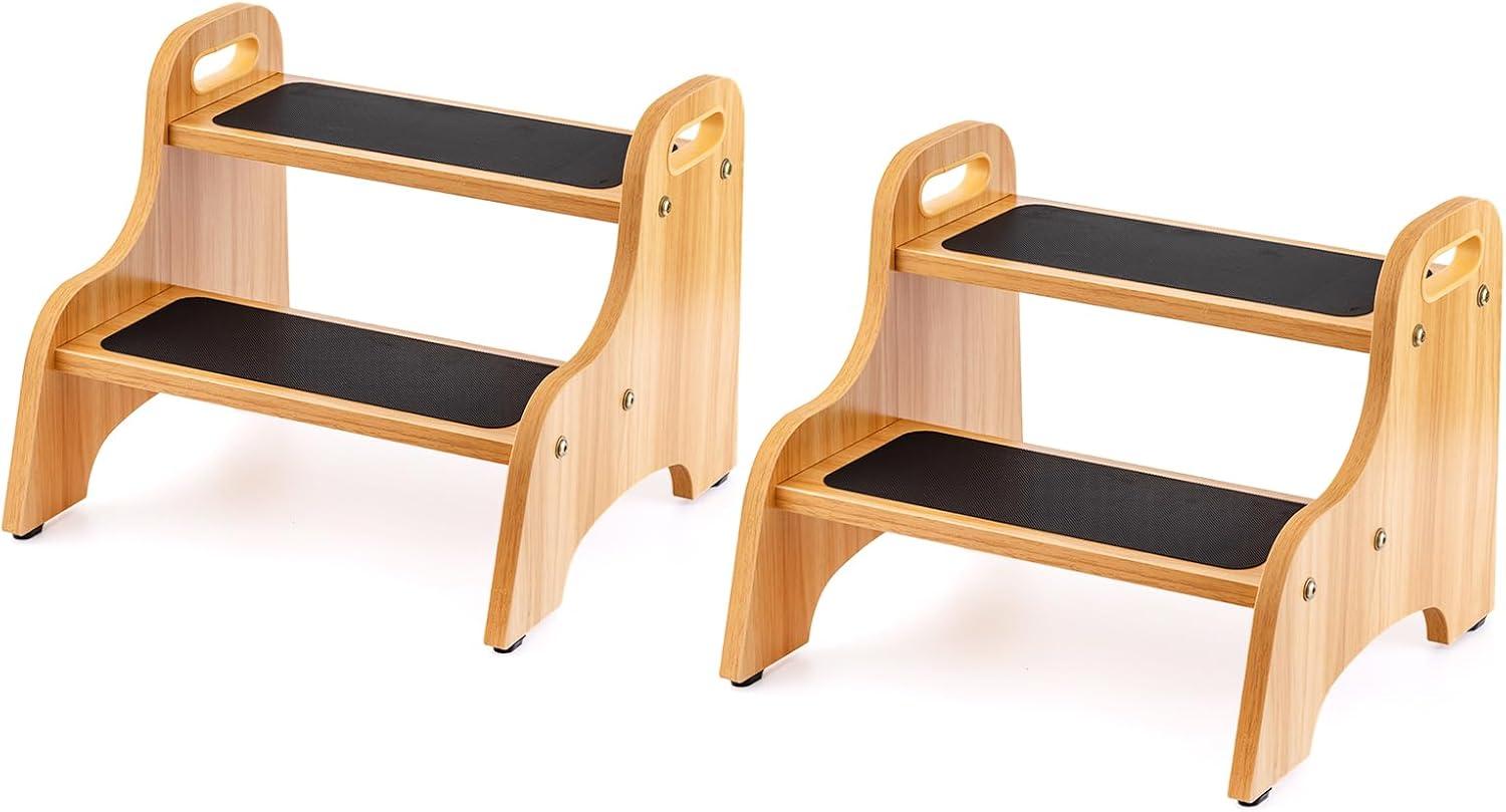 StrongTek Wood 2 Step Stool with Non-Slip Stepping Surface and Portable Handles, Multipurpose Heavy-Duty Support (300 LBS Capacity)