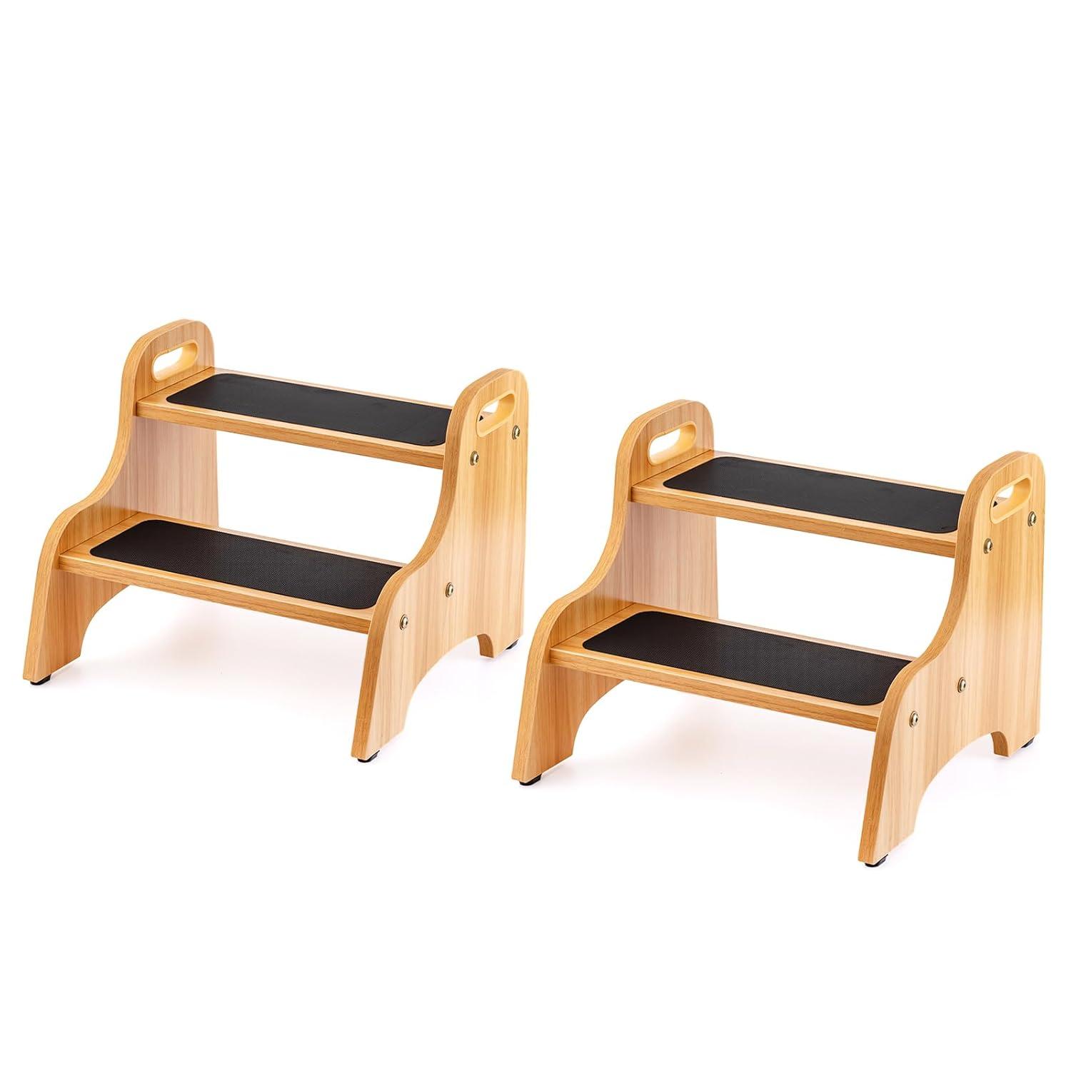 StrongTek Wood 2 Step Stool with Non-Slip Stepping Surface and Portable Handles, Multipurpose Heavy-Duty Support (300 LBS Capacity)