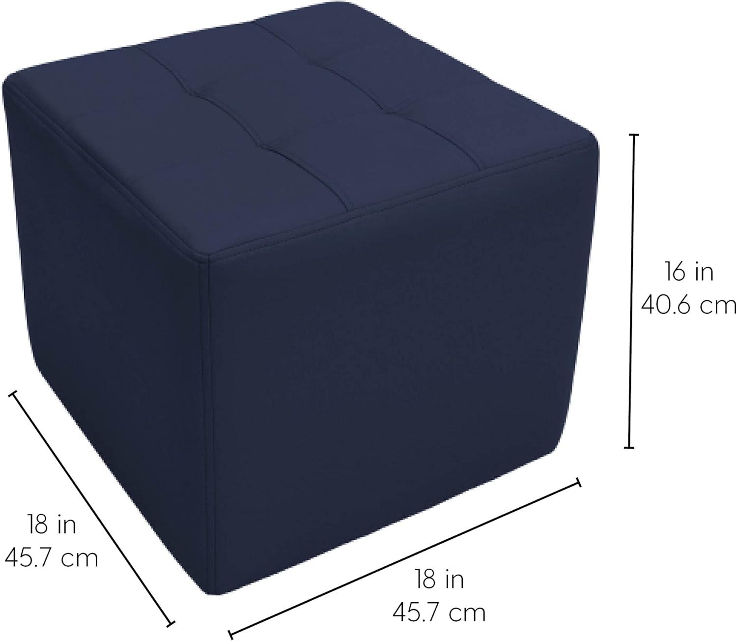 Navy Tufted Square Ottoman with Wood Frame, 16" Height