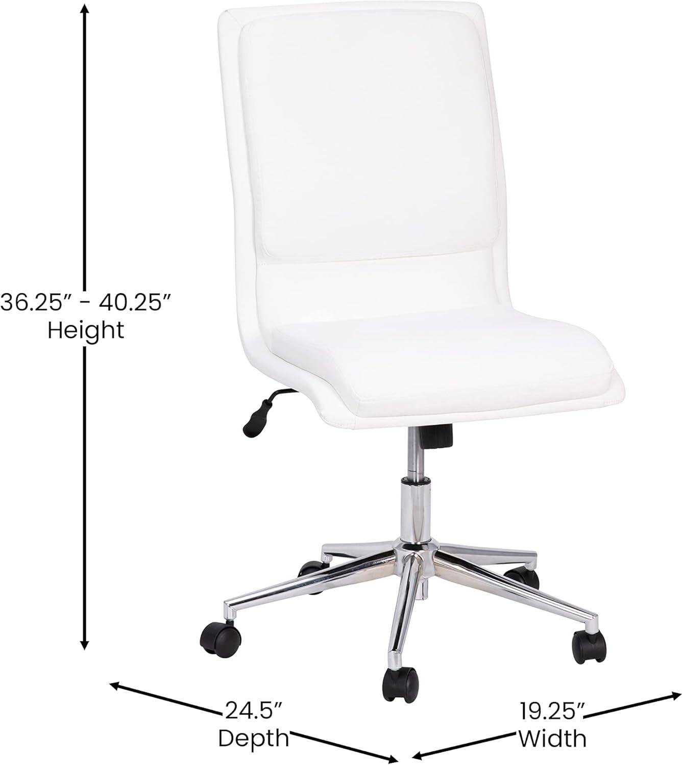 Flash Furniture Madigan Mid-Back Armless Swivel Task Office Chair with LeatherSoft and Adjustable Chrome Base, White