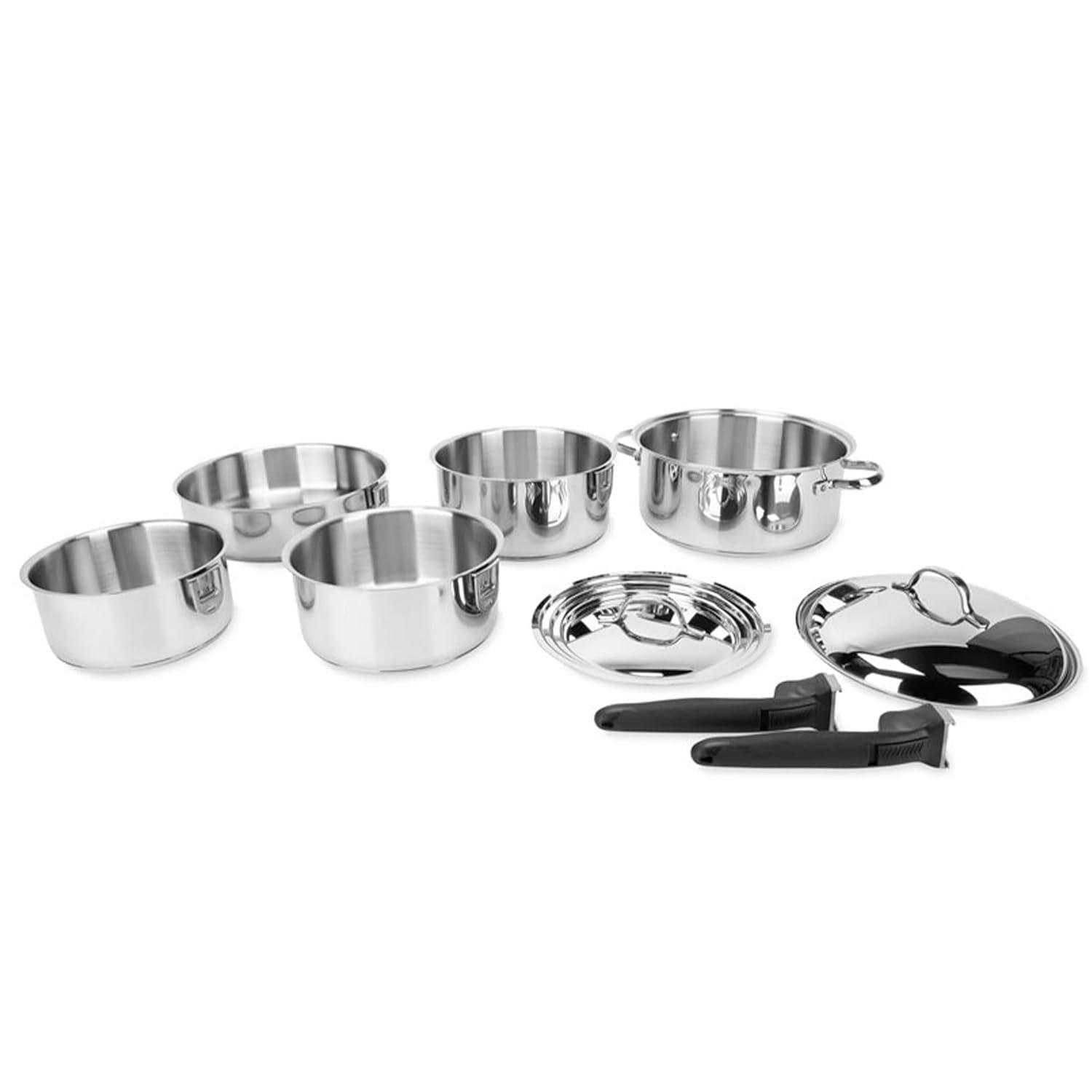 Camco Stainless Steel Nesting Cookware Set- Non Stick Pans and Pots with Removable Handles, Space Efficient Excellent for RVs and Compact Kitchen, 10-Piece Set (43921)