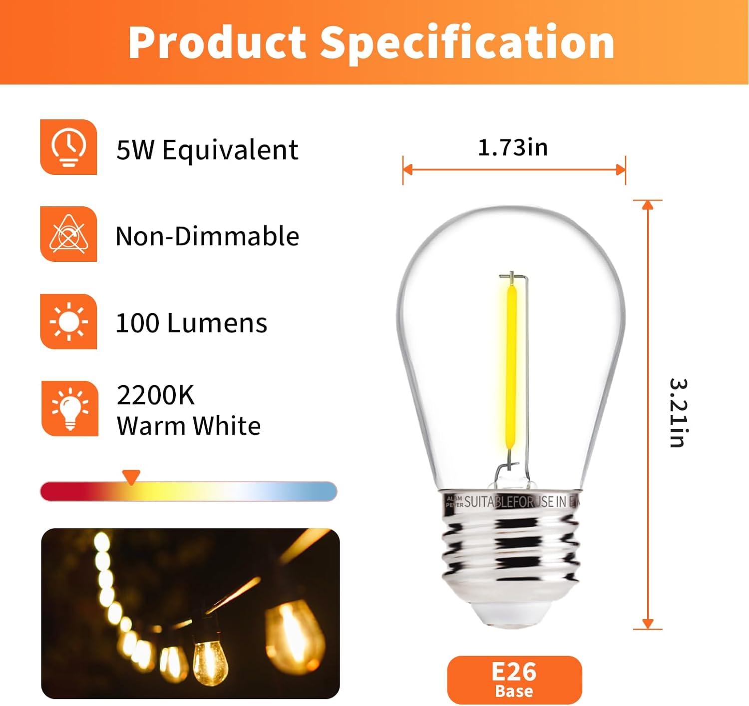 15-Pack Clear LED S14 Warm White Outdoor String Light Bulbs