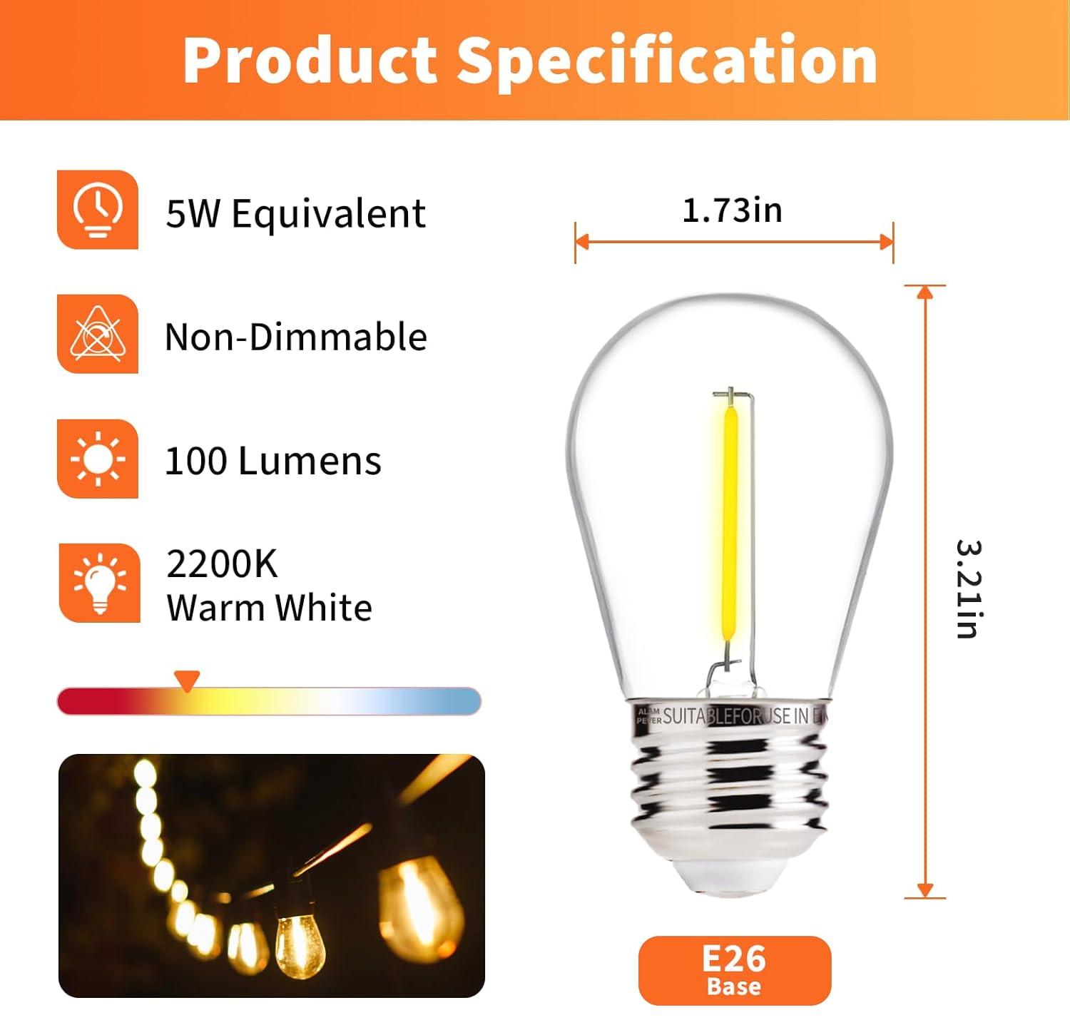 Svater Replacement Bulbs for Outdoor String Lights, 15 Pack S14 LED Bulbs for Patio, E26 Base 1W Bulb Equal to 11W Incandescent, Dimmable,Shatterproof 2700K Warm White