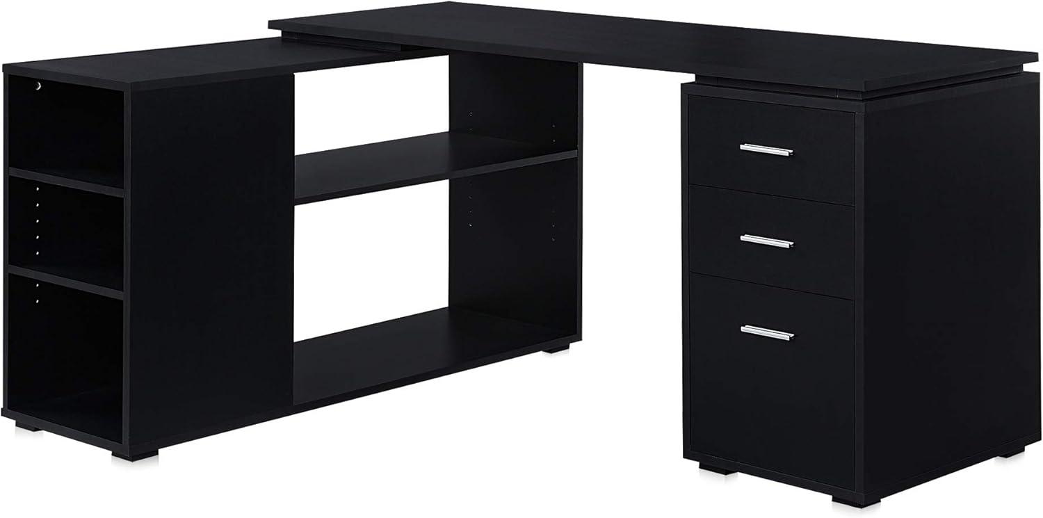 Black Wood L-Shaped Corner Computer Desk with Drawer and Filing Cabinet