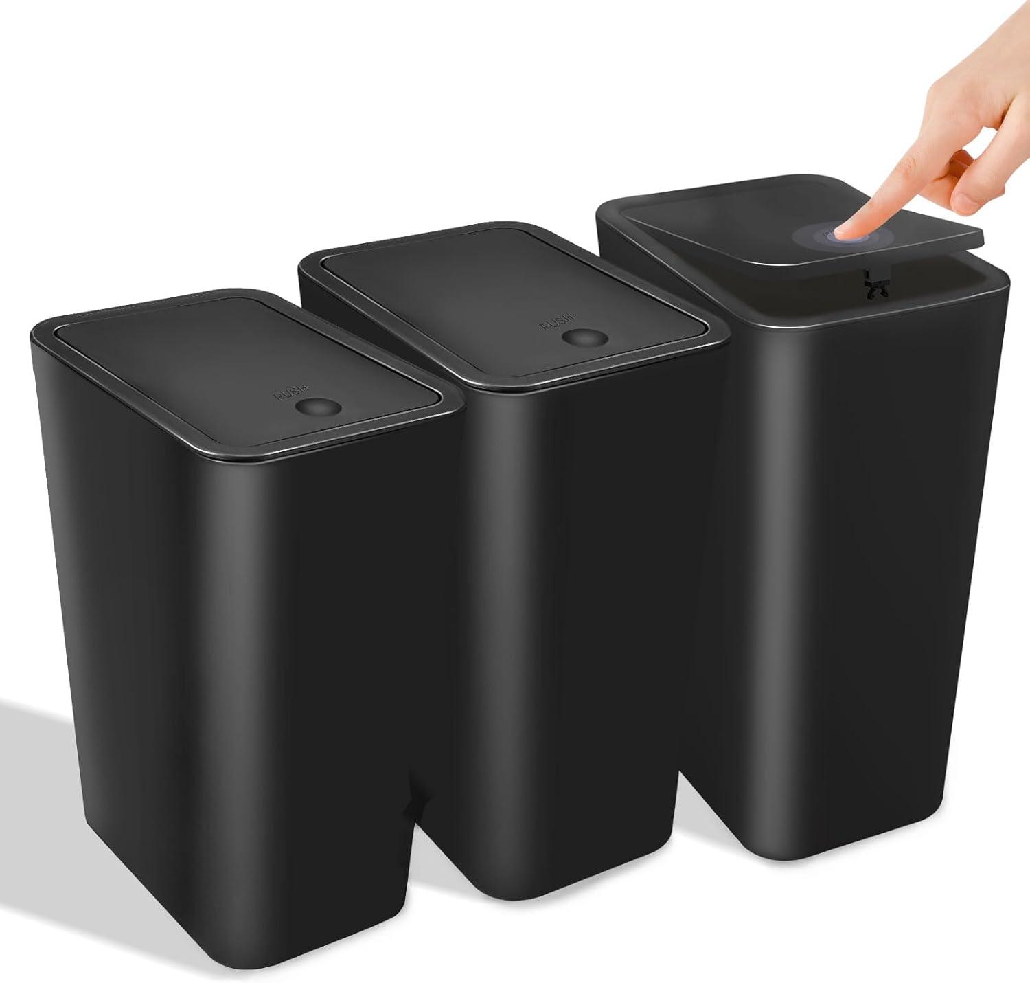 3 Pack 2.6 Gal Small Trash Cans Slim, dog proof. Plastic. For kitchen, bed, office. Fits under.