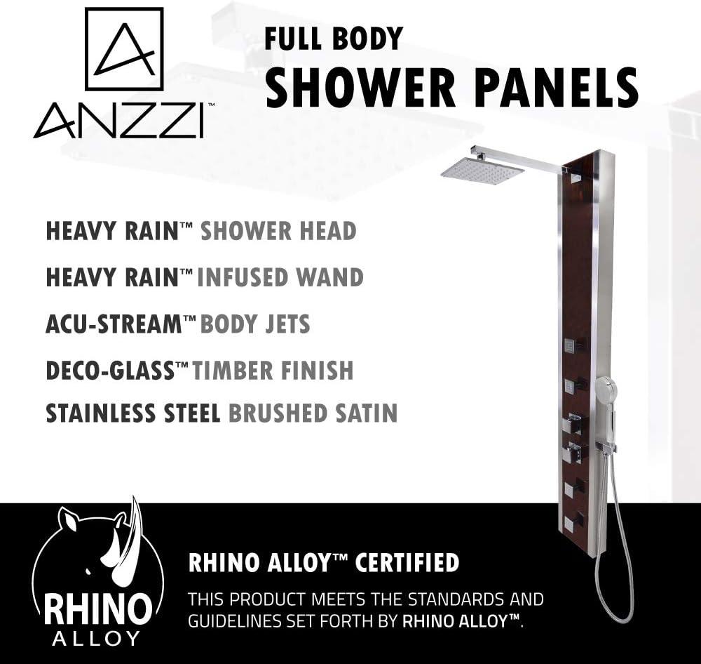 ANZZI Monsoon Series Mahogany Style Deco-Glass 4-Jetted Full Body Shower Panel Tower With Heavy Rain Swiveling Shower Head And Spray Wand