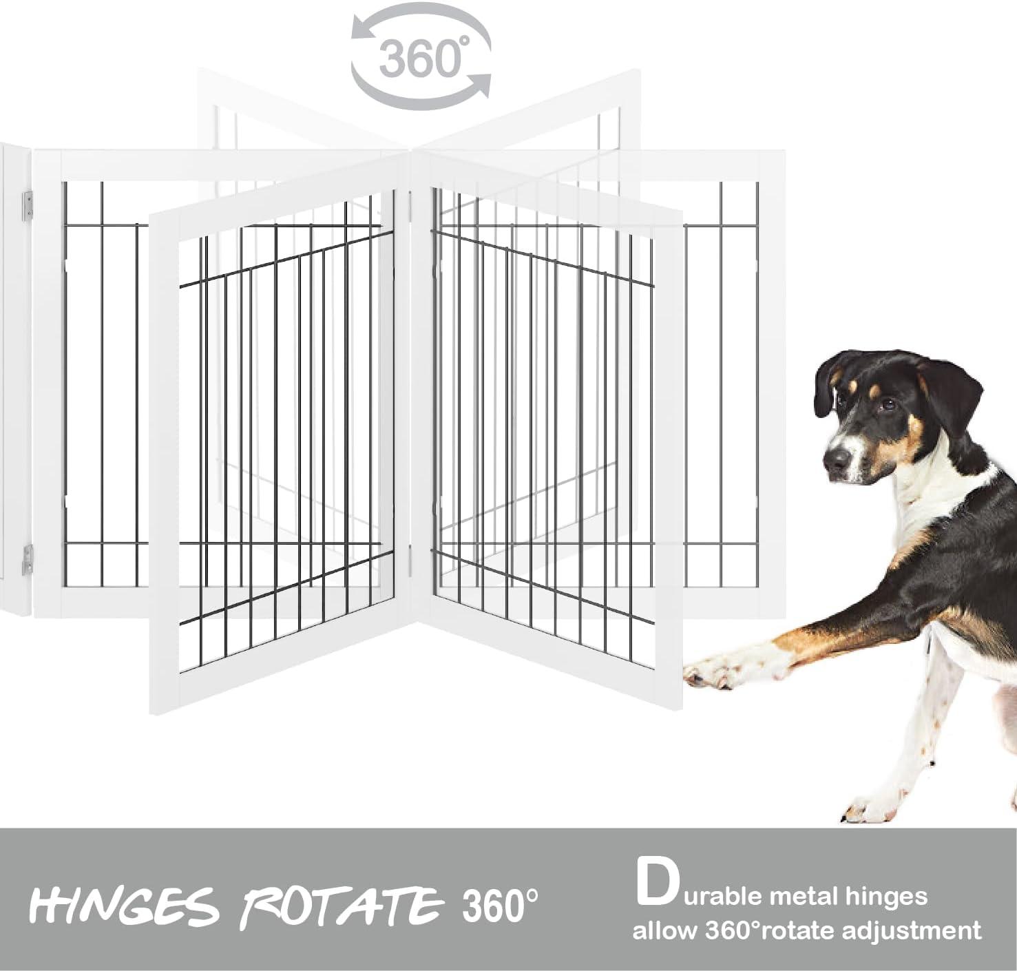 White Freestanding Foldable Wooden Pet Gate with Steel Wire