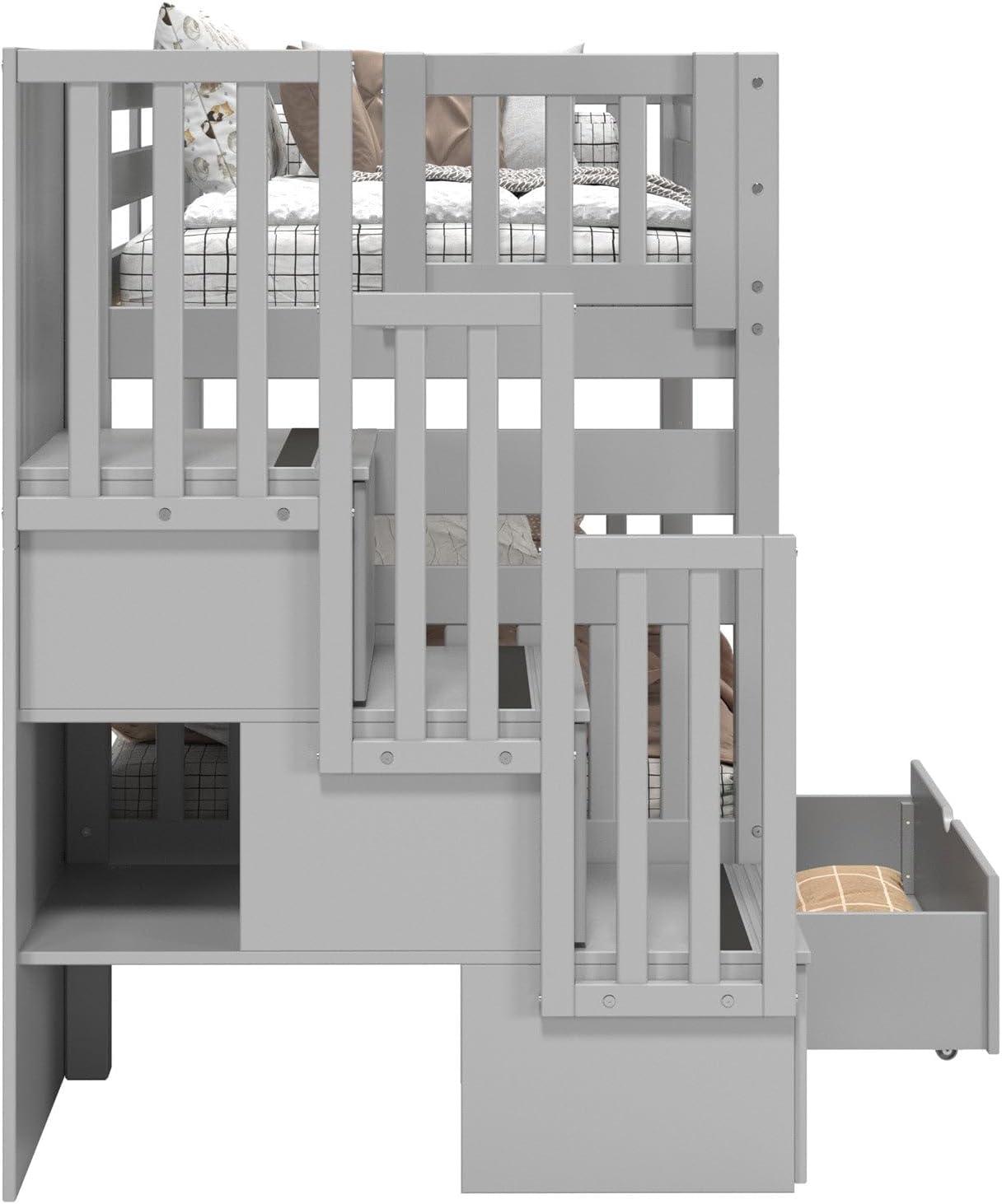 Bedz King Stairway Bunk Beds Twin over Twin with 3 Drawers in the Steps and 2 Under Bed Drawers, Dark Cherry