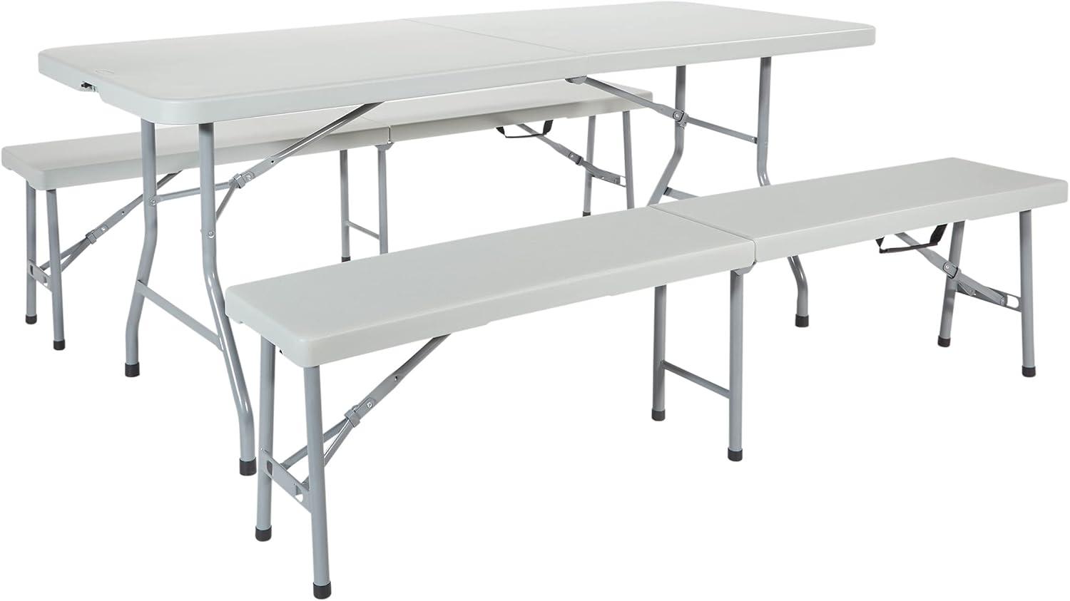 Dark Gray 72" Folding Table and Bench Set with Steel Frame