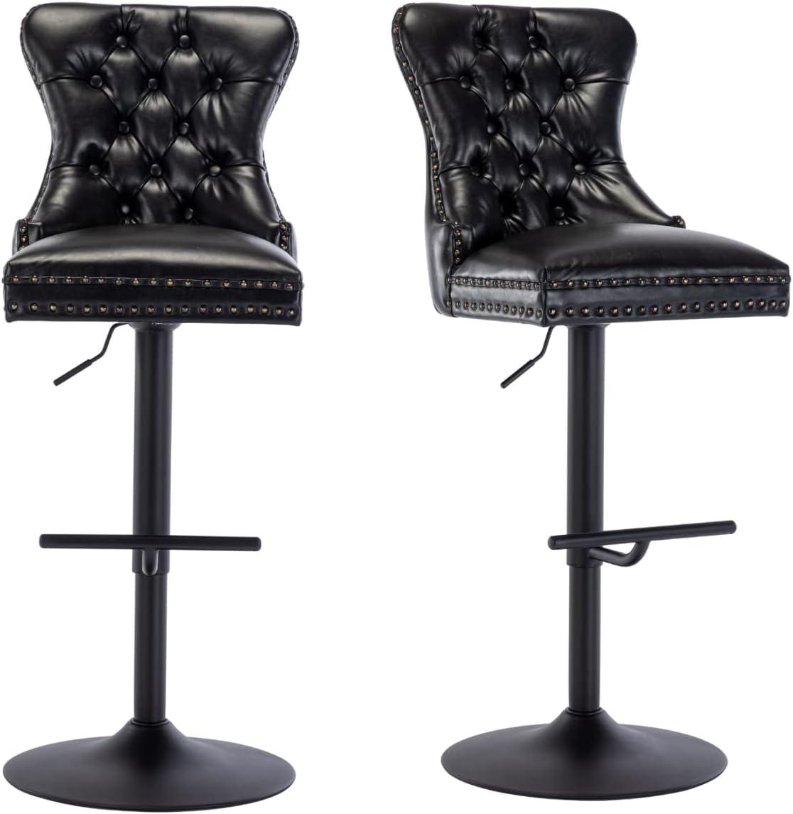 Bar Stools Set of 2,Adjustable Swivel Barstools, Faux Leather Bar Chairs,Upholstered Counter Height with High Backrest for Kitchen Island, Black