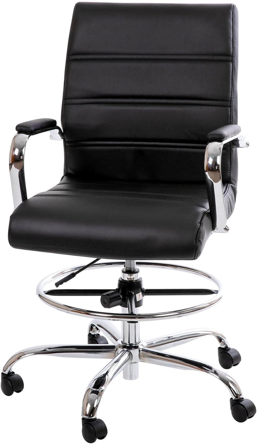 Mid-Back Black Leather Swivel Drafting Chair with Silver Frame