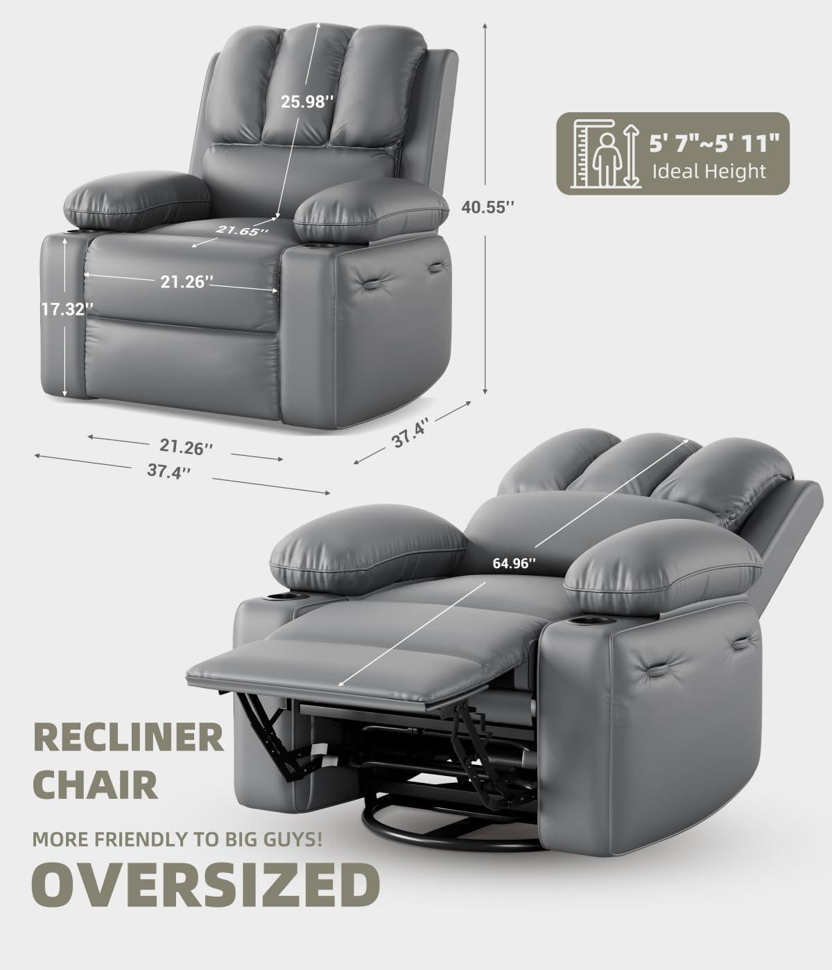 Gray Leather Swivel Recliner with Massage and Wooden Frame