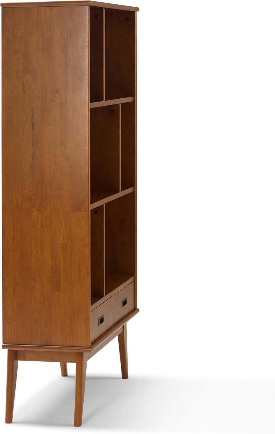 Simpli Home Draper 35"W Solid Hardwood 6 Shelf Compartment Mid-Century Modern Wide Bookcase with 2 Drawers