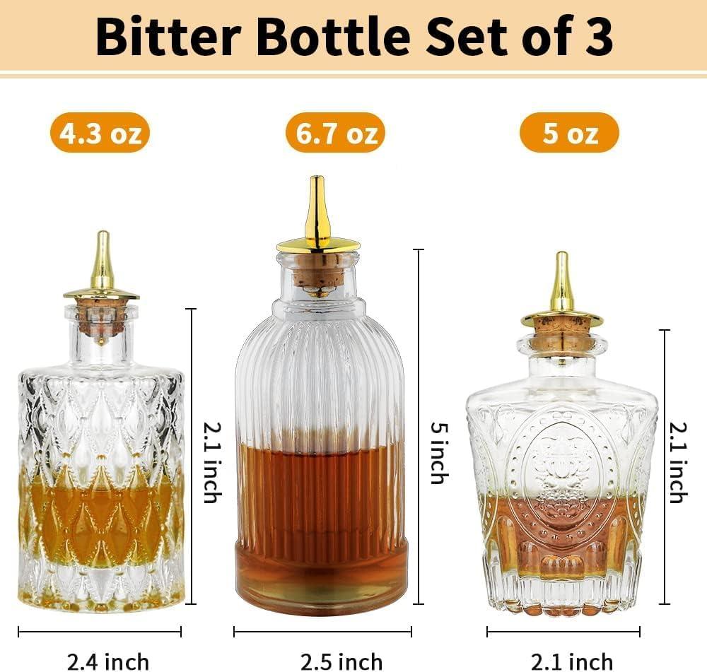 LINALL Bitters Bottle Set - Glass Vintage Bottle, Decorative Bottles with Dash Top, Dasher Bottles for Making Cocktail Great For Bartender Home Bar (3 pack)