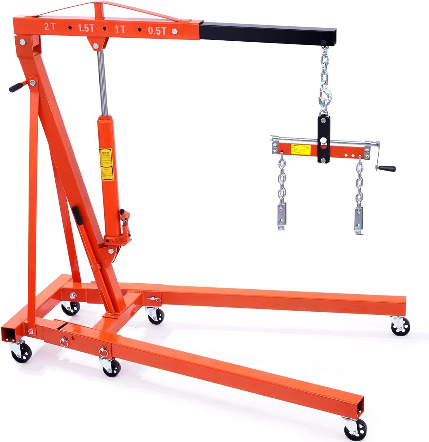 BENTISM 2T Folding Engine Crane Movable Engine Hoist with Load Leveler 4400 lbs/2 ton Heavy-Duty Cherry Picker Shop Crane Adjustable Boom Engine Crane