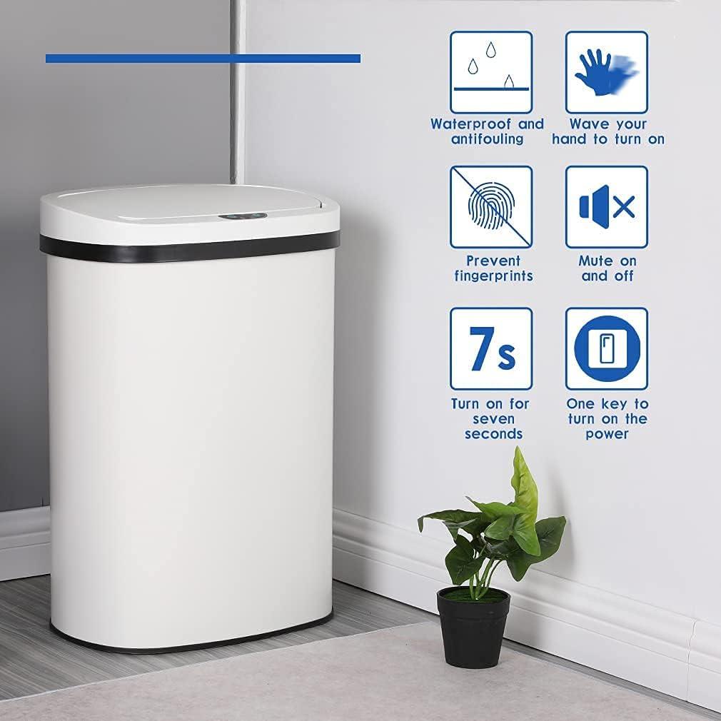 White 13 Gallon Stainless Steel Touchless Trash Can