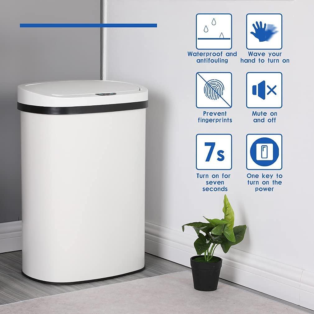 13 Gallon Trash Can Automatic Kitchen Garbage Can with Lid Touchless Sensor Waste Bin Slim No Touch Stainless Steel Trash Can for Home, Living Room, Bedroom, Office （White）