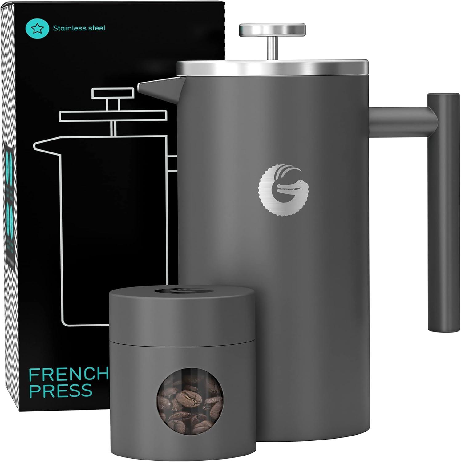 Gray Stainless Steel Thermal French Press Coffee Maker with Travel Jar