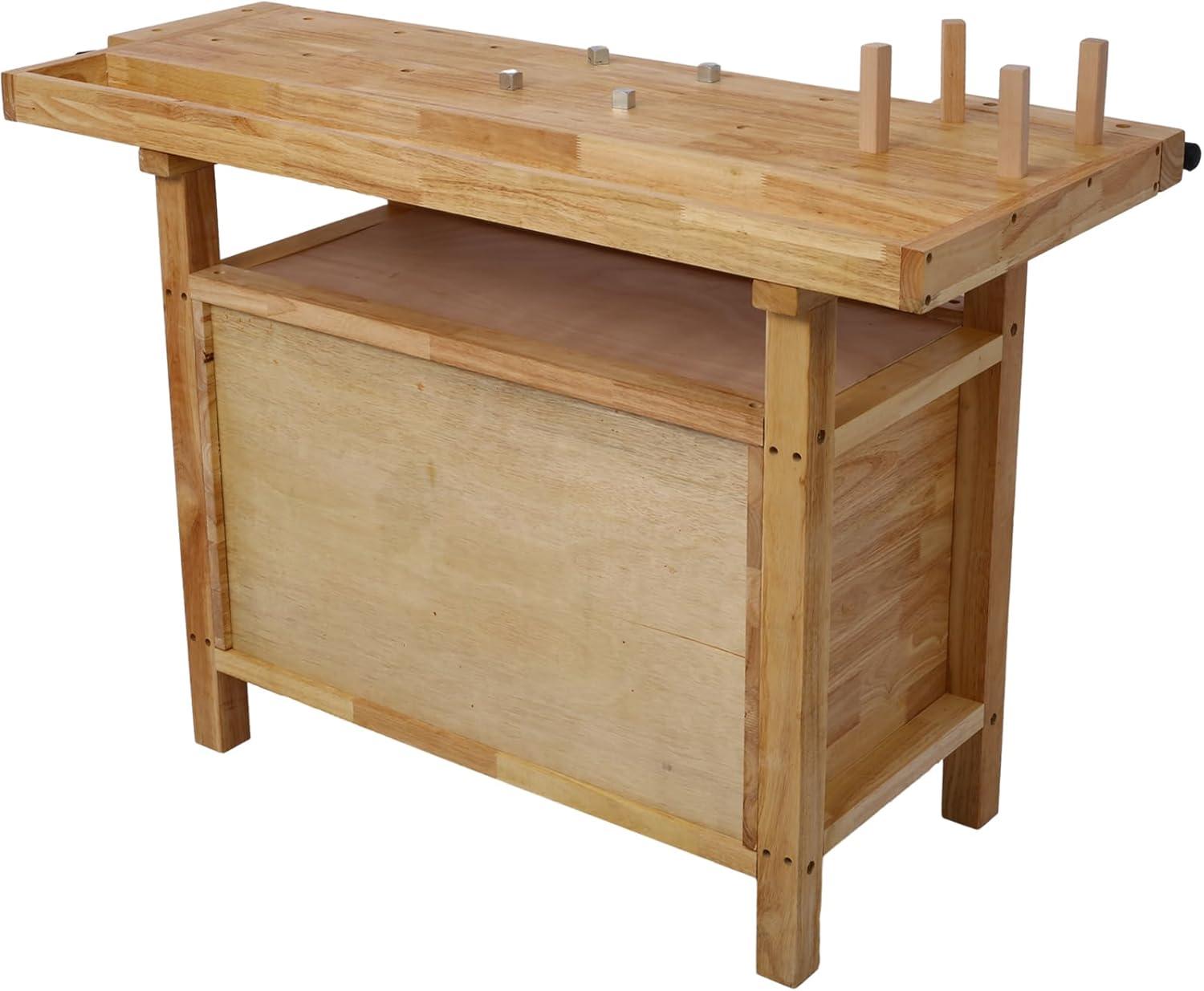 60" Natural Rubberwood Workbench with Drawers and Shelf