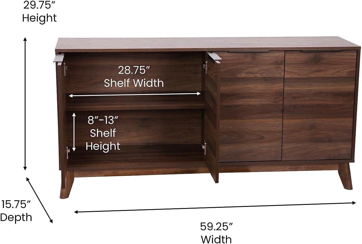 Flash Furniture Hatfield Mid-Century Modern 4 Door Storage Buffet Sideboard, 4 Soft Close Doors, Adjustable Shelves, TV Stand for up to 64" TV's