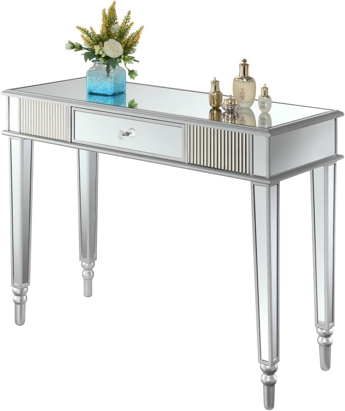 French Country 1 Drawer Mirrored Desk & Console Table, Stainless Steel