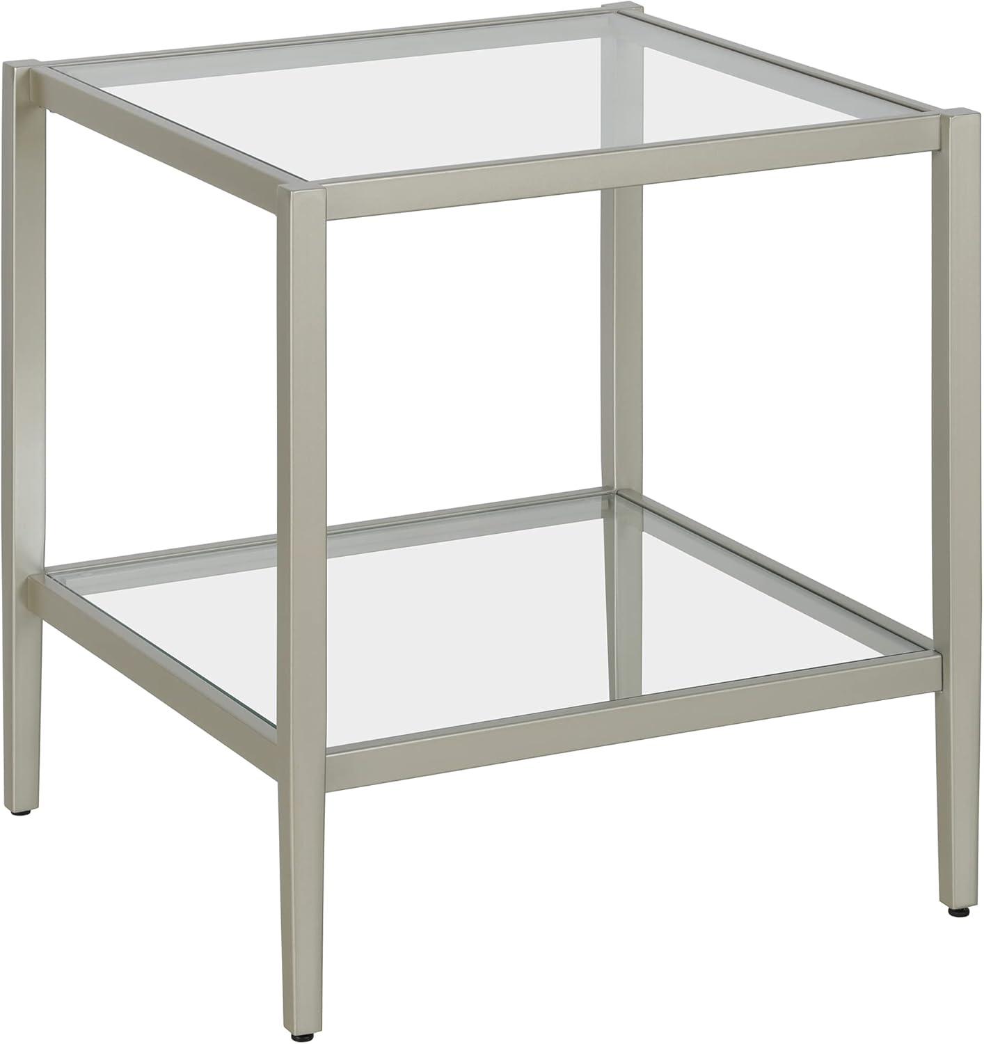 Evelyn&Zoe Hera 20" Wide Square Side Table with Glass Shelf, Satin Nickel