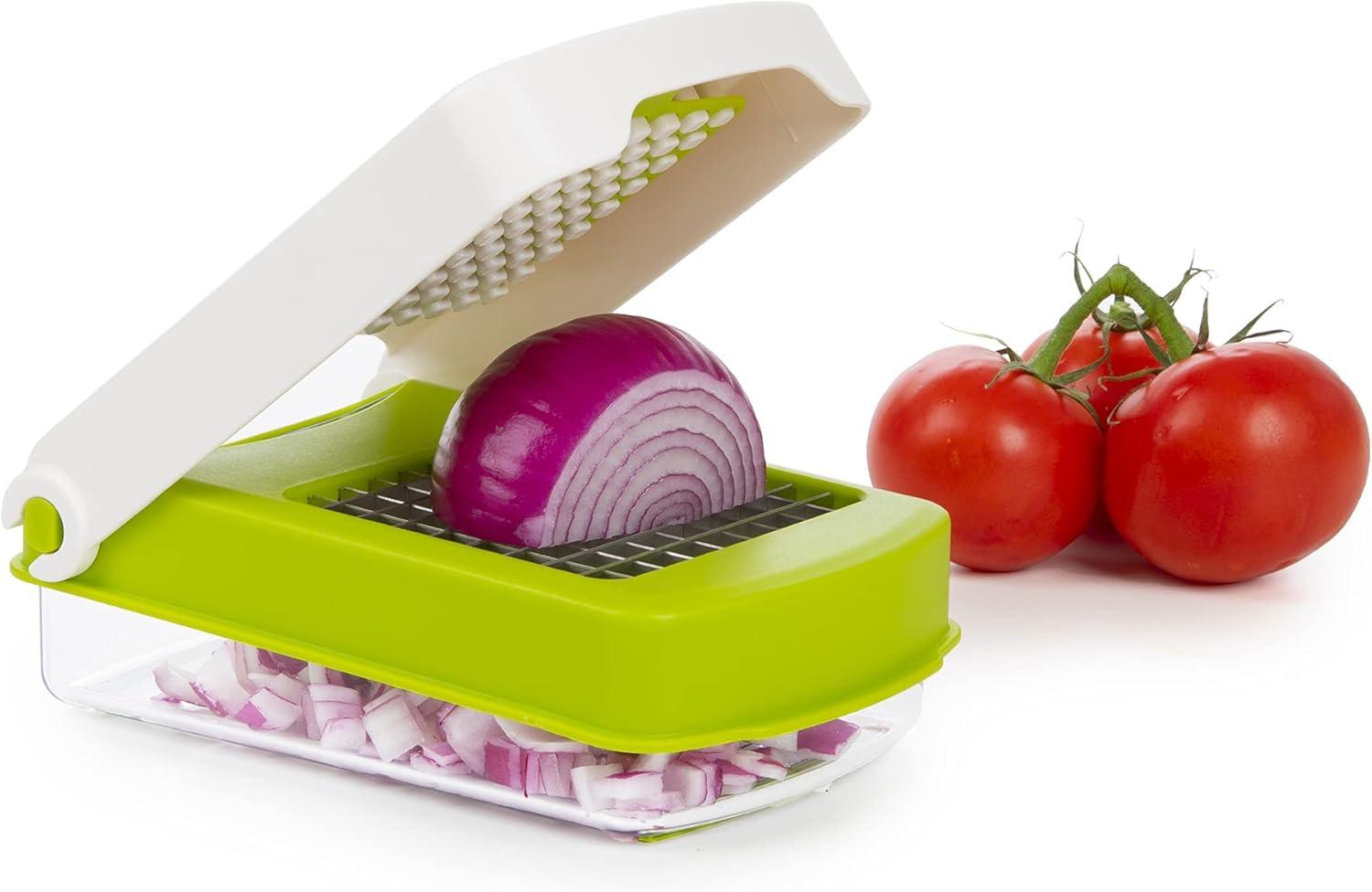 Prepworks Compact Veggie Chopper: Manual Food Chopper & Slicer, Stainless Steel Blade, Dishwasher-Safe, Green/White/Clear