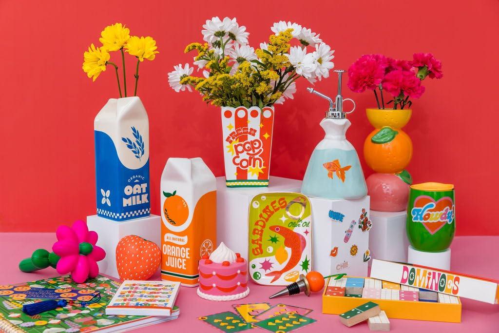 ban.do Vintage Inspired Rise and Shine Decorative Ceramic Vase, Unique Home/Kitchen/Office Accent, Oat Milk