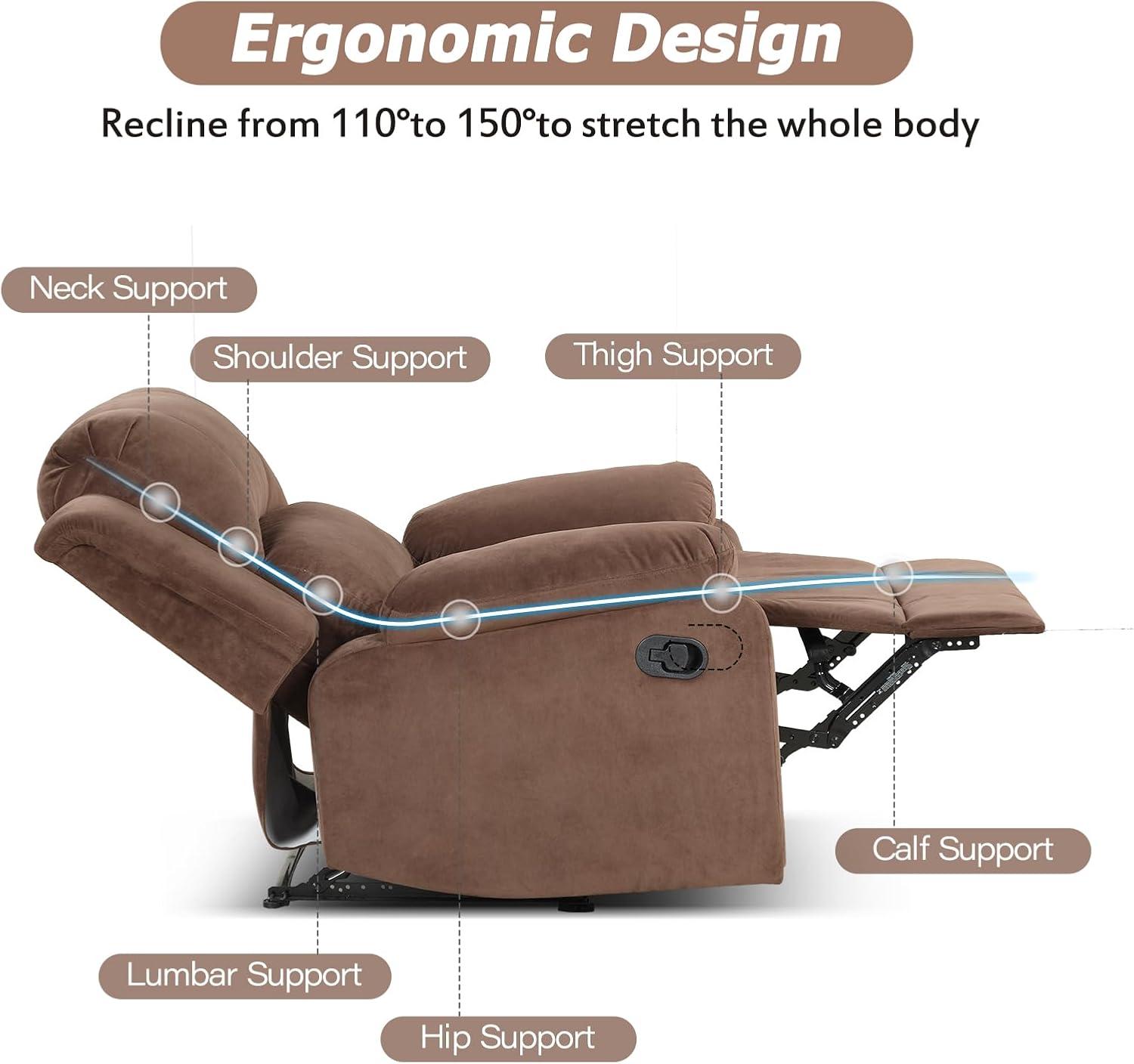 CANMOV Manual Recliner Chair, Soft Fabric Overstuffed Recliner Single Sofa Chair for Living Room Bedroom, Heavy Duty and Safety Reclining Mechanism, Light Brown