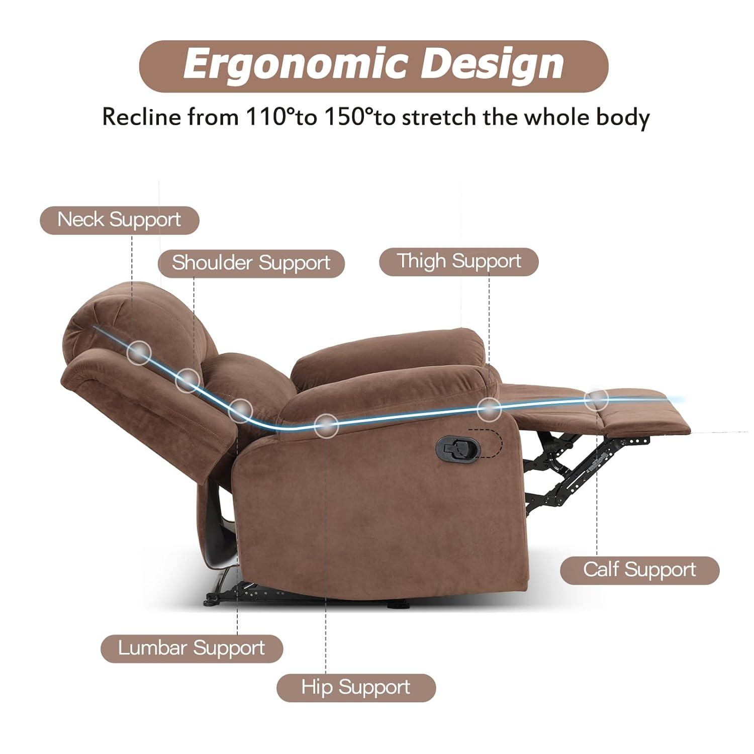 CANMOV Manual Recliner Chair, Soft Fabric Overstuffed Recliner Single Sofa Chair for Living Room Bedroom, Heavy Duty and Safety Reclining Mechanism, Light Brown