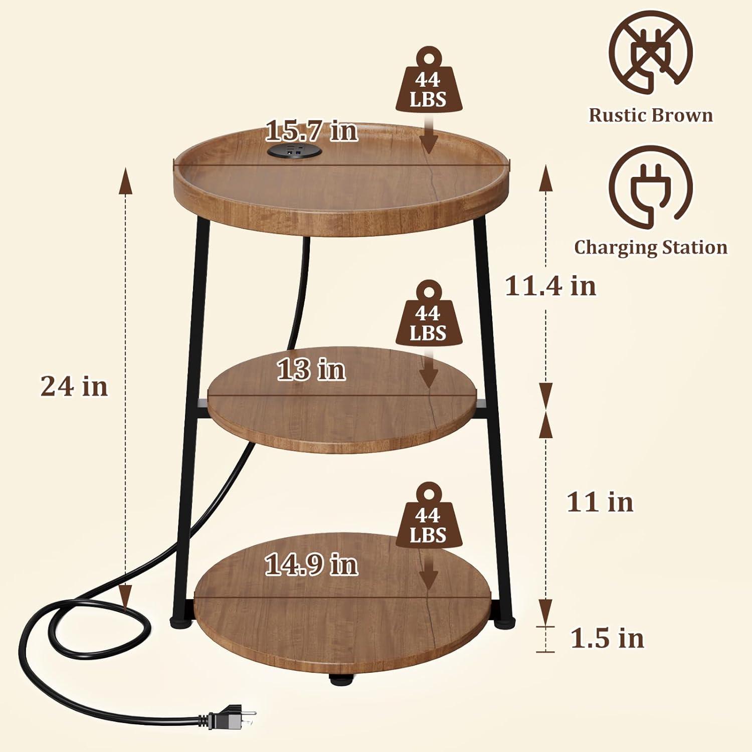 Round End Table with Charging Station, 3-Tier Accent Side Table for Living Room Bedroom Couch, Coffee Table for Small Spaces (Rustic Brown-Charging Station)