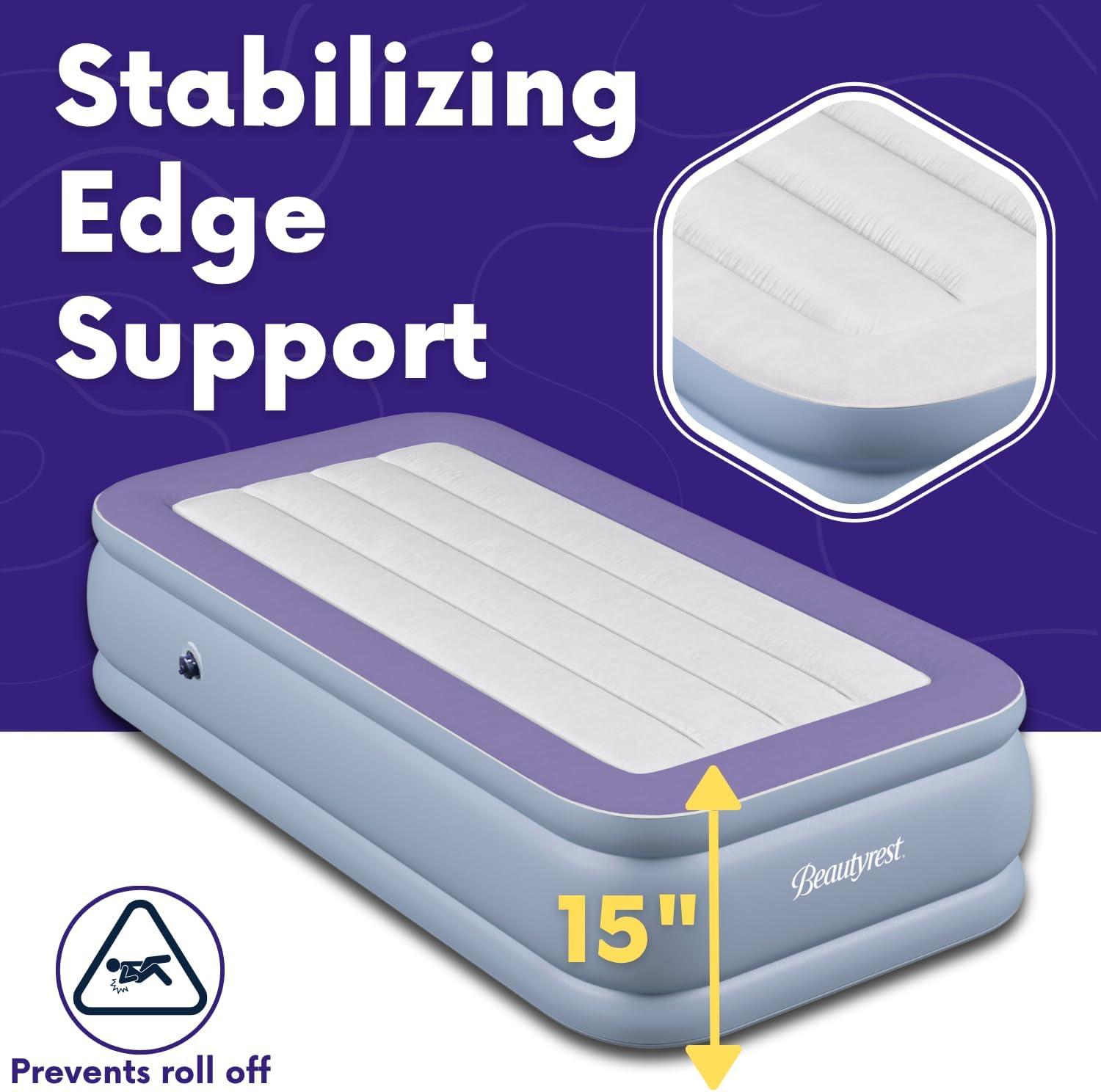 Beautyrest Hi Loft 15" Twin Size Air Mattress with External Pump - Blow up Air Bed 1-Year Warranty