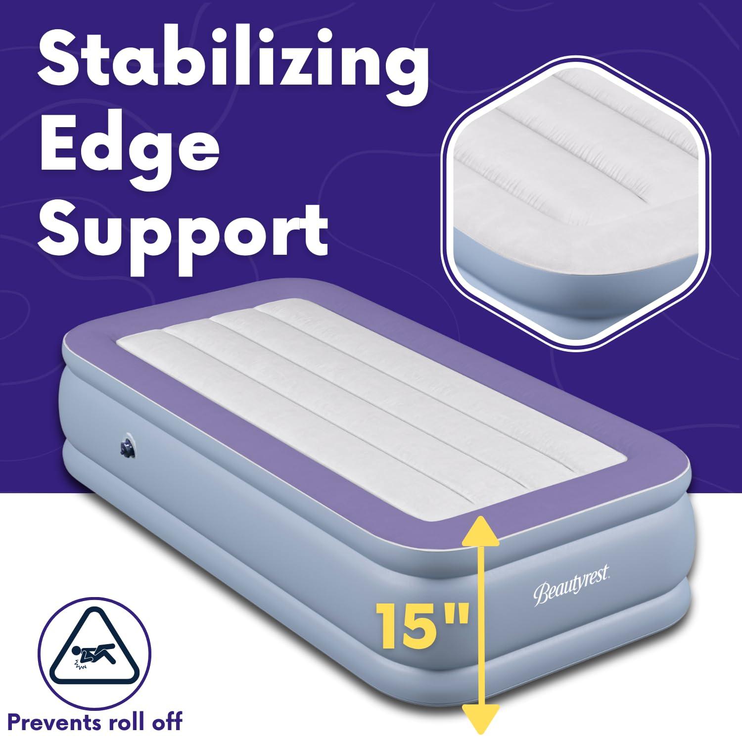 Beautyrest Hi Loft 15" Twin Size Air Mattress with External Pump - Blow up Air Bed 1-Year Warranty