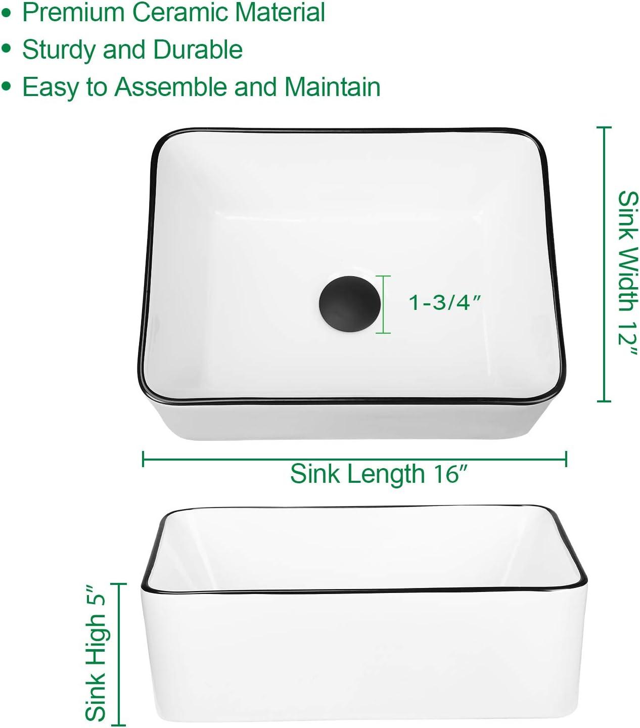 Ceramic Rectangular Bathroom Vessel Sink, Above Counter Vanity Sink with Faucet Combo, White Body with Black Trim on The Top, 16'' x 12''