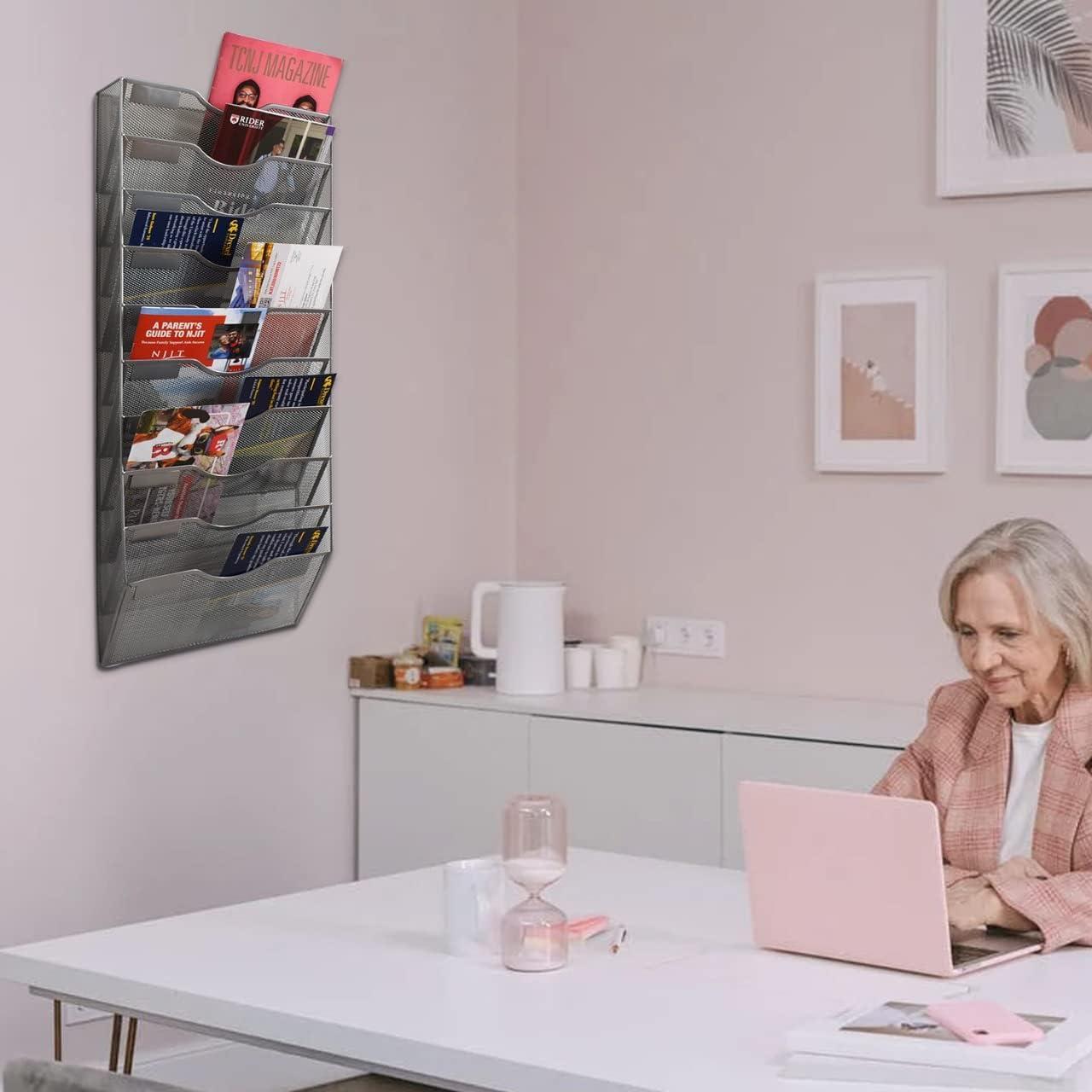 10 Sections Hanging Files Wall Mounted Metal Mesh Document File Organizer Magazine Holder Rack Organizer Multipurpose Use To Display Files, Magazine, Newspapers- Gray