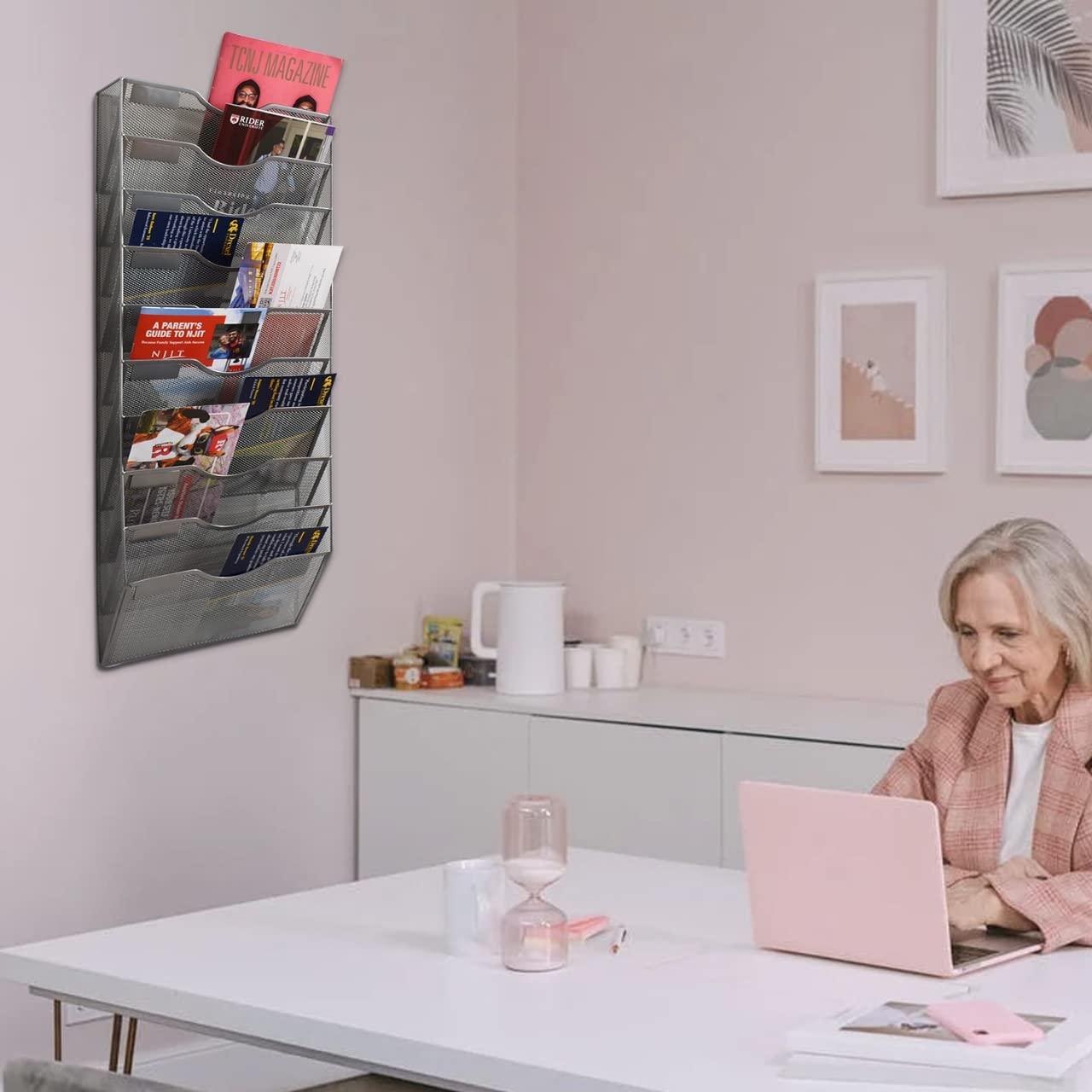 10 Sections Hanging Files Wall Mounted Metal Mesh Document File Organizer Magazine Holder Rack Organizer Multipurpose Use To Display Files, Magazine, Newspapers- Gray