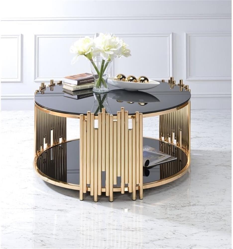 Tanquin Black Glass and Gold Round Coffee Table with Shelf