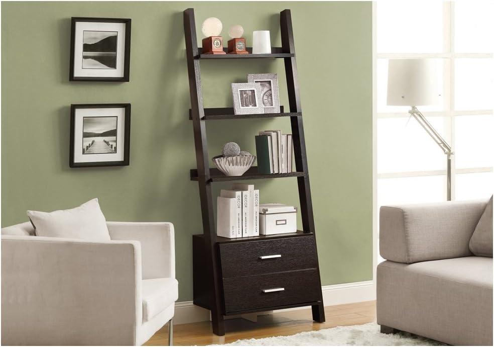 Cappuccino Transitional Ladder Bookcase with Storage Drawers, 69"H