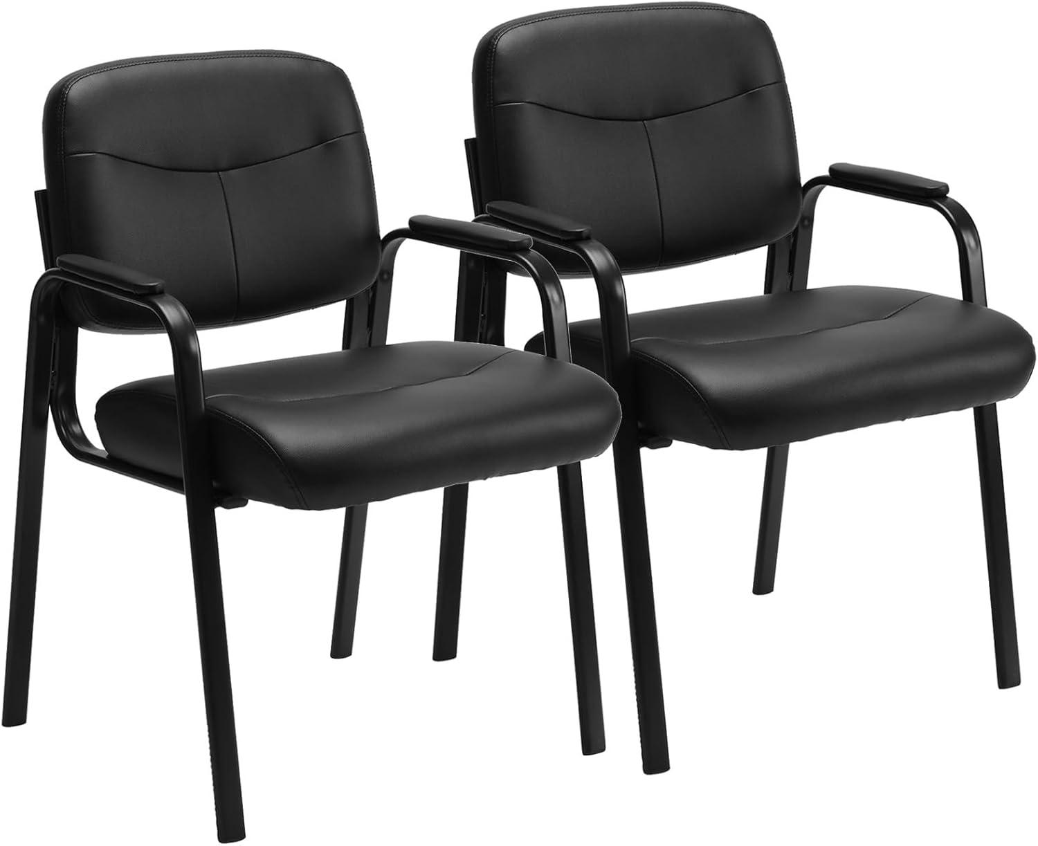 Black Leather Upholstered Office Guest Chairs with Metal Frame, Set of 2