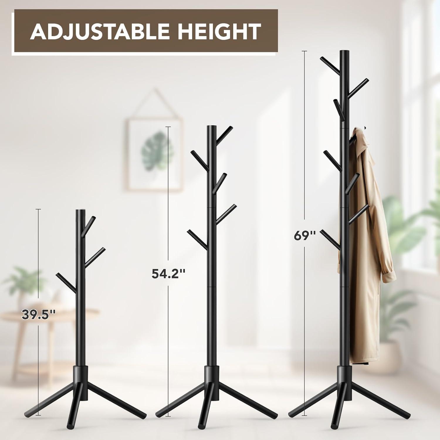 Black Adjustable Height Pine Wood Coat Rack with 8 Hooks