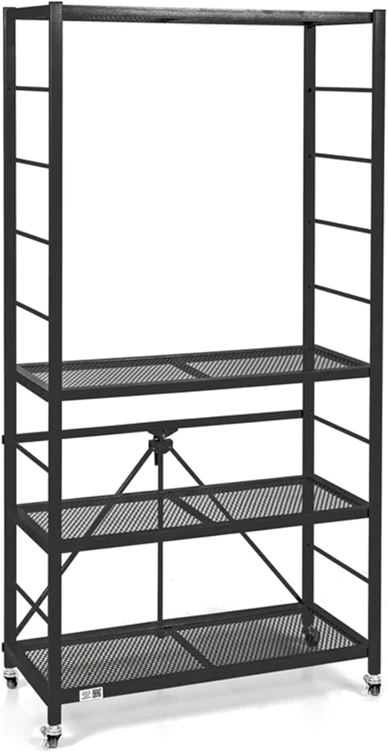 Origami R2 Series Folding Portable Heavy Duty Durable Powder Coated Steel Storage Rack with 10 Adjustable Shelves and Wheels, Black