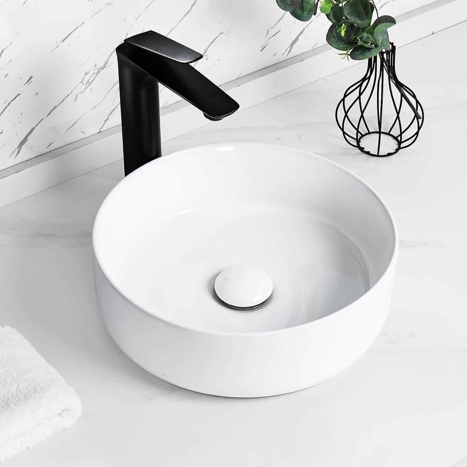 Davivy 14.2'' White Ceramic Circular Vessel Bathroom Sink with Pop Up Drain